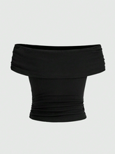 Solid Color Off-Shoulder Ruffle Slim Fit Top